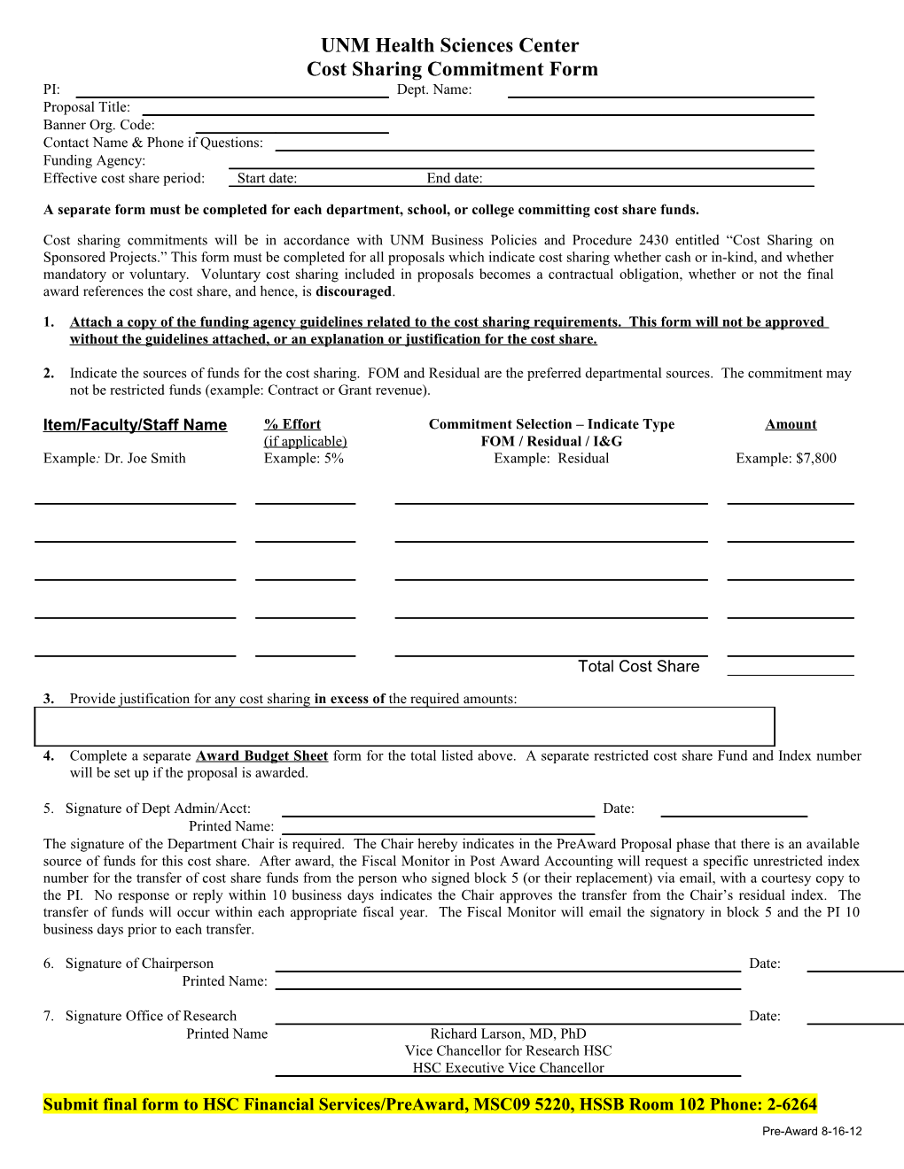 Cost Sharing Commitment Form
