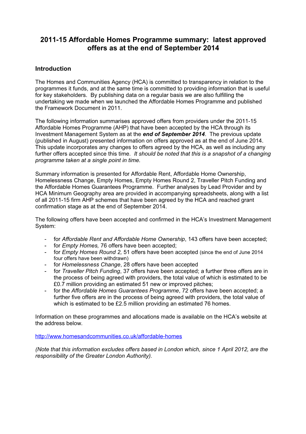 Template for Reporting Externally on the 2011-15 Affordable Homes Programme