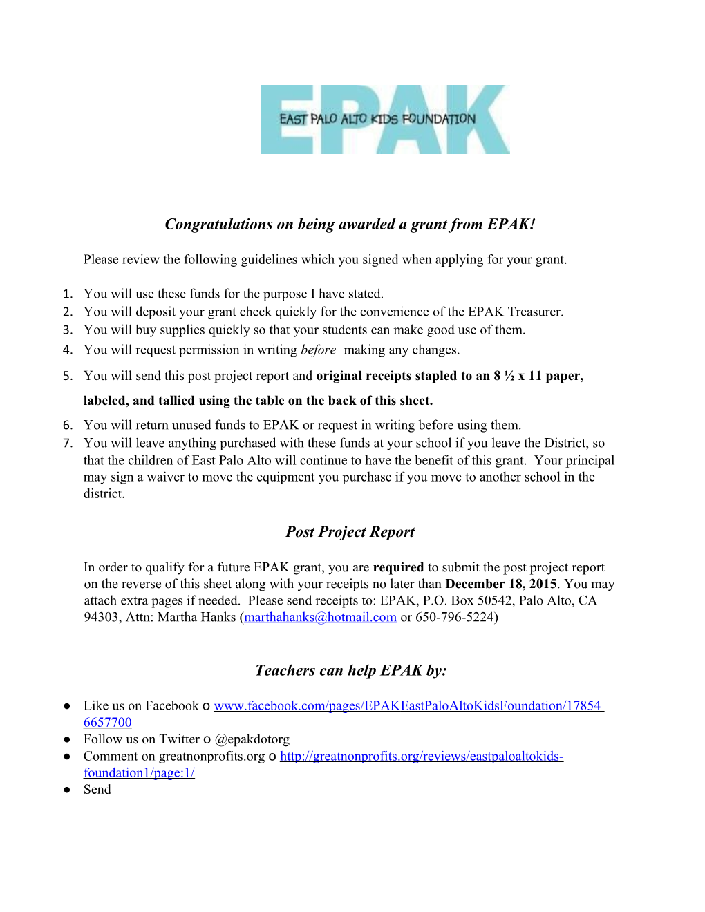 Congratulations on Being Awarded a Grant from EPAK!