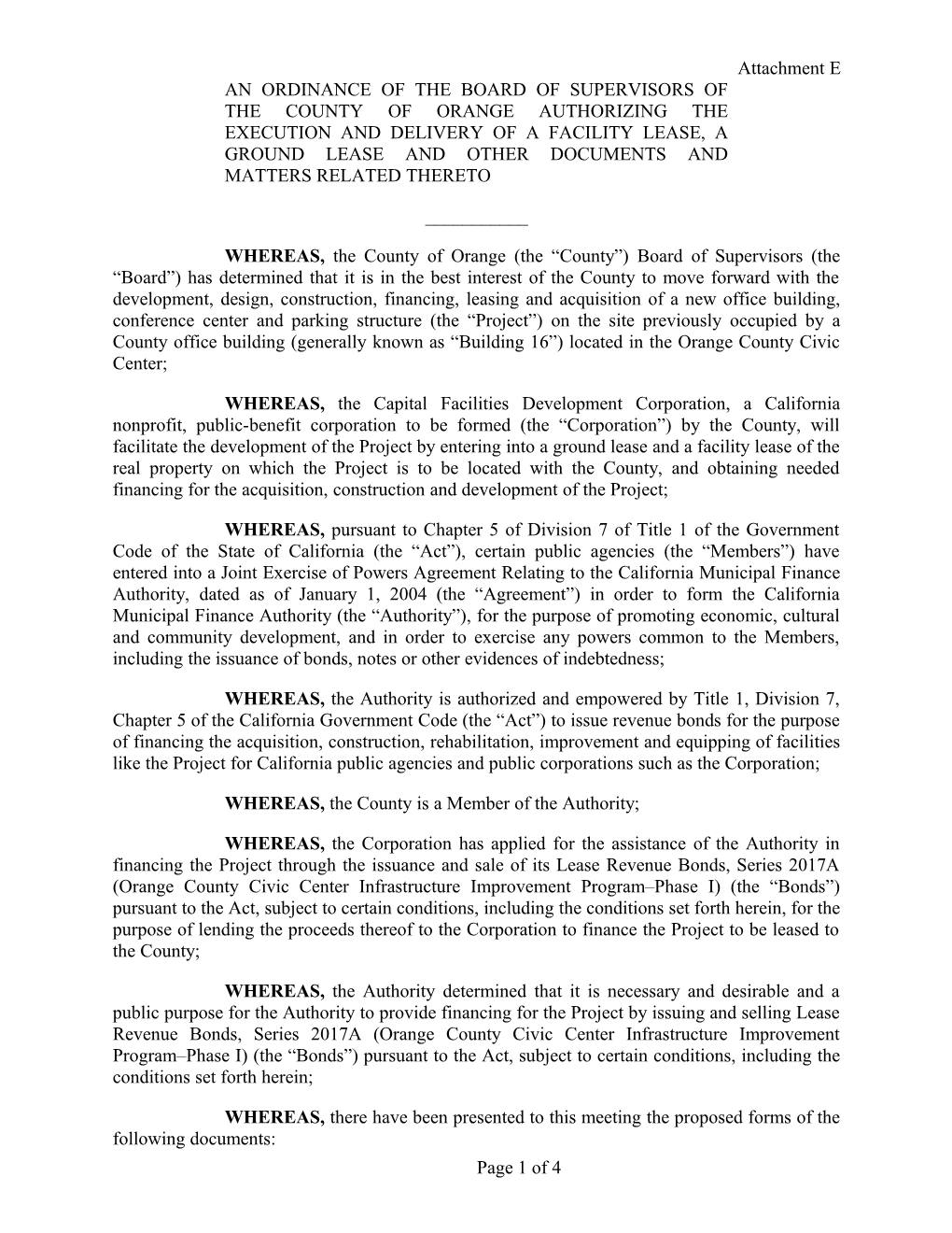 Anordinance of the Board of Supervisors of the County of Orange Authorizing the Execution