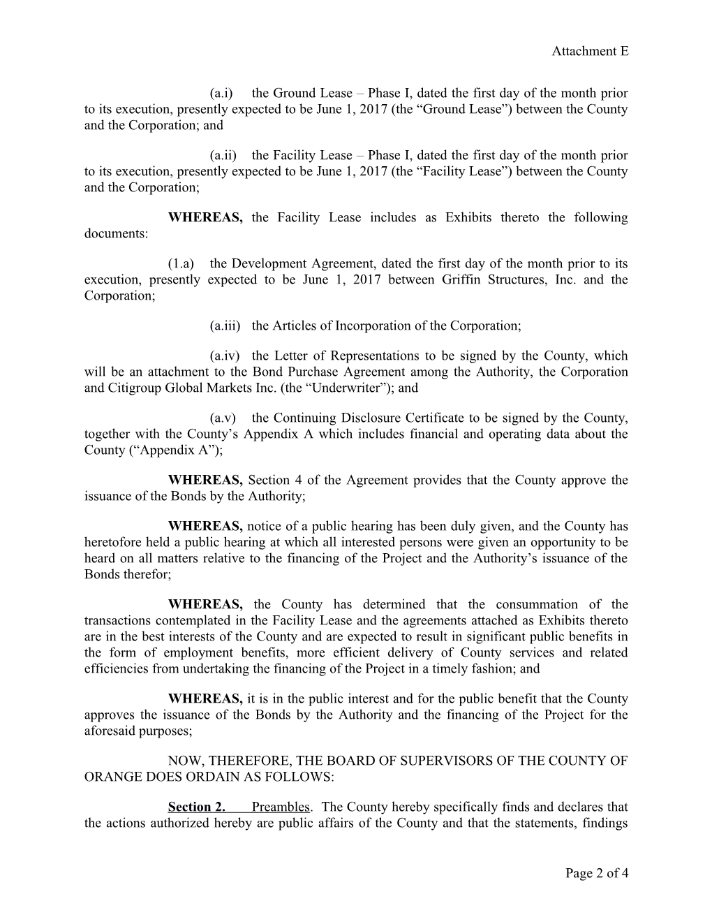 Anordinance of the Board of Supervisors of the County of Orange Authorizing the Execution