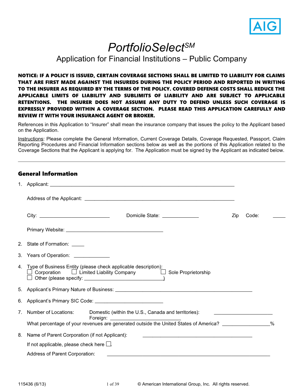 Application for Financial Institutions Public Company