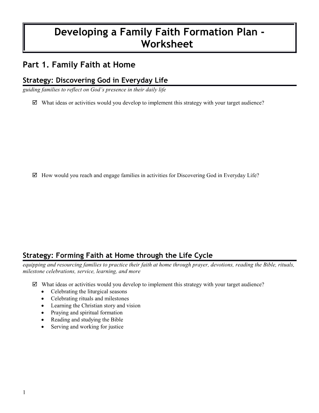 Developing Afamily Faith Formation Plan - Worksheet