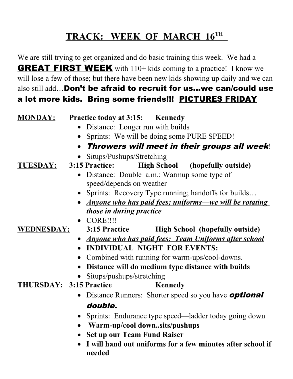 Track: Week of March 16Th