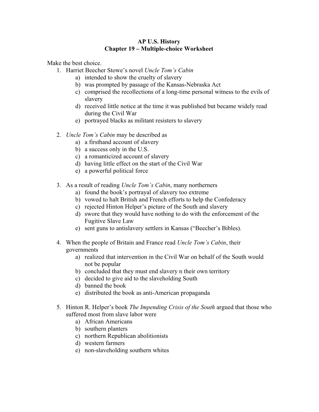 Chapter 19 Multiple-Choice Worksheet