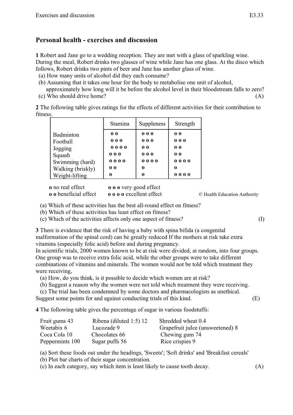 20 Personal Health - Exercises and Discussion