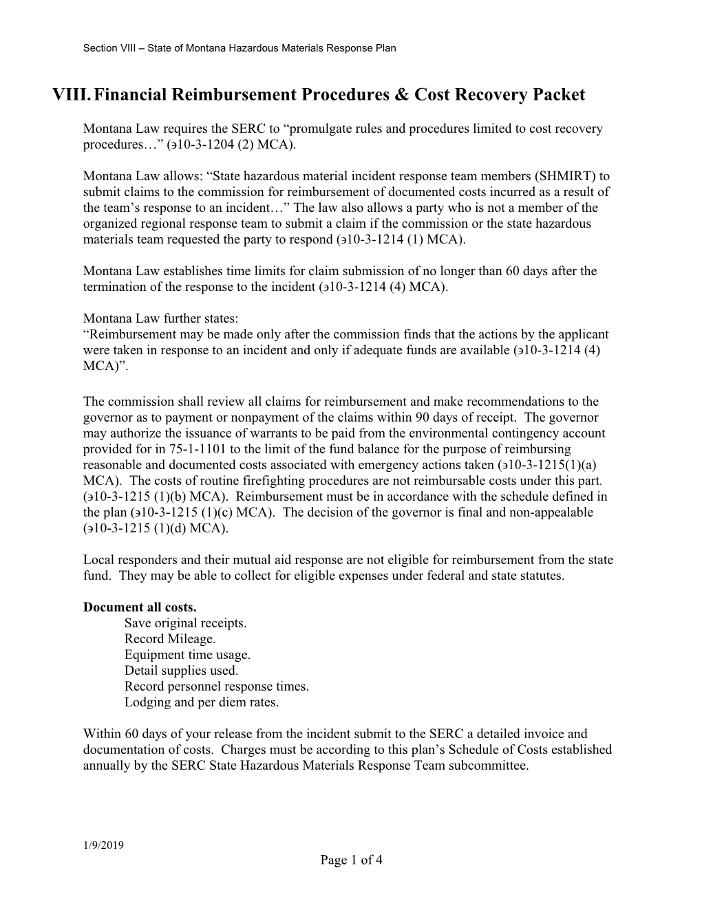Section VIII State of Montana Hazardous Materials Response Plan