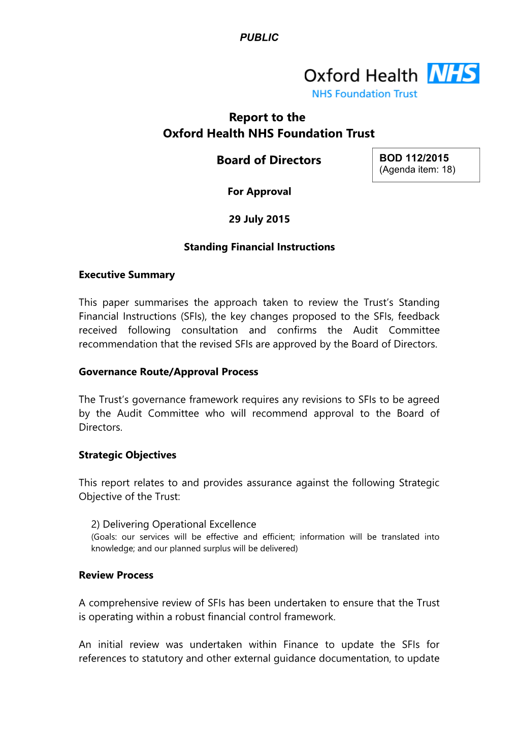 Report to the Oxford Health NHS Foundation Trust