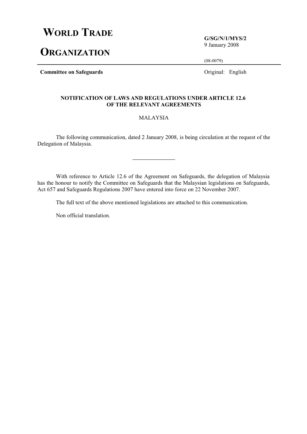 Notification of Laws and Regulations Under Article 12.6