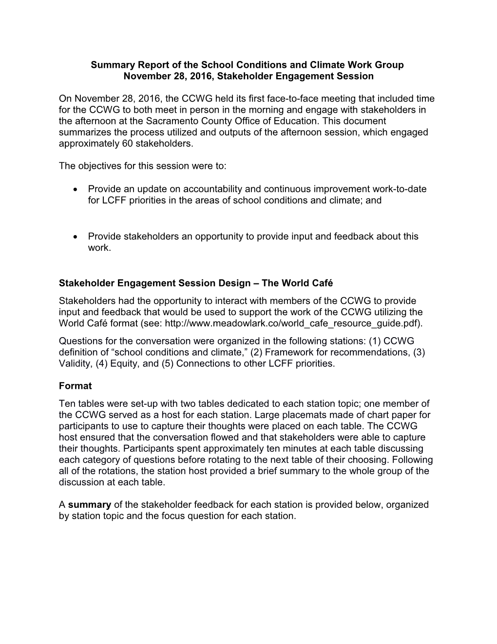 Summary Report of the School Conditions and Climate Work Group