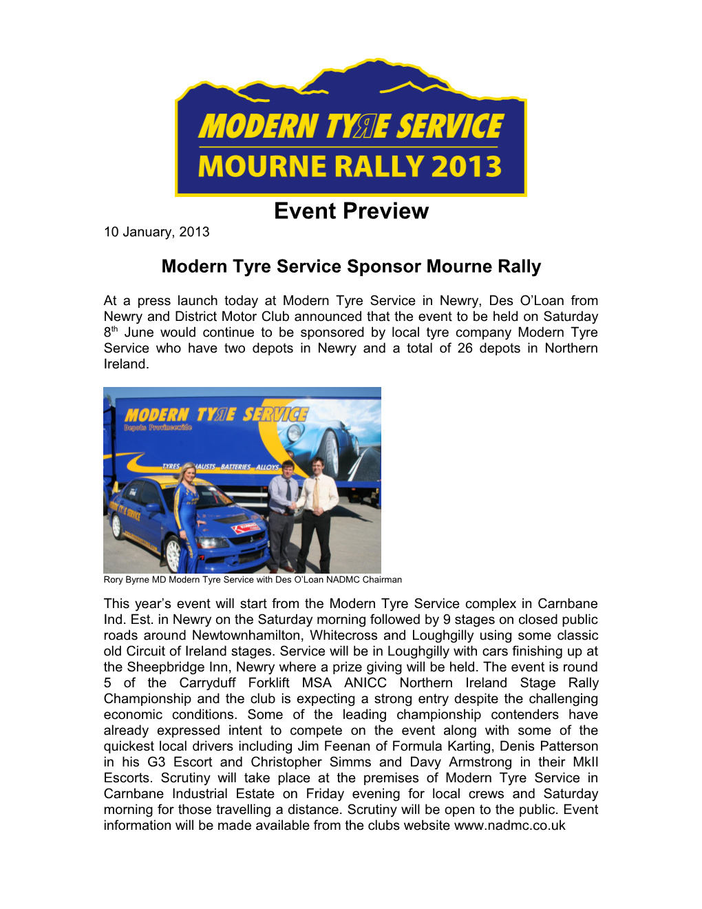 Modern Tyre Service Sponsor Mourne Rally