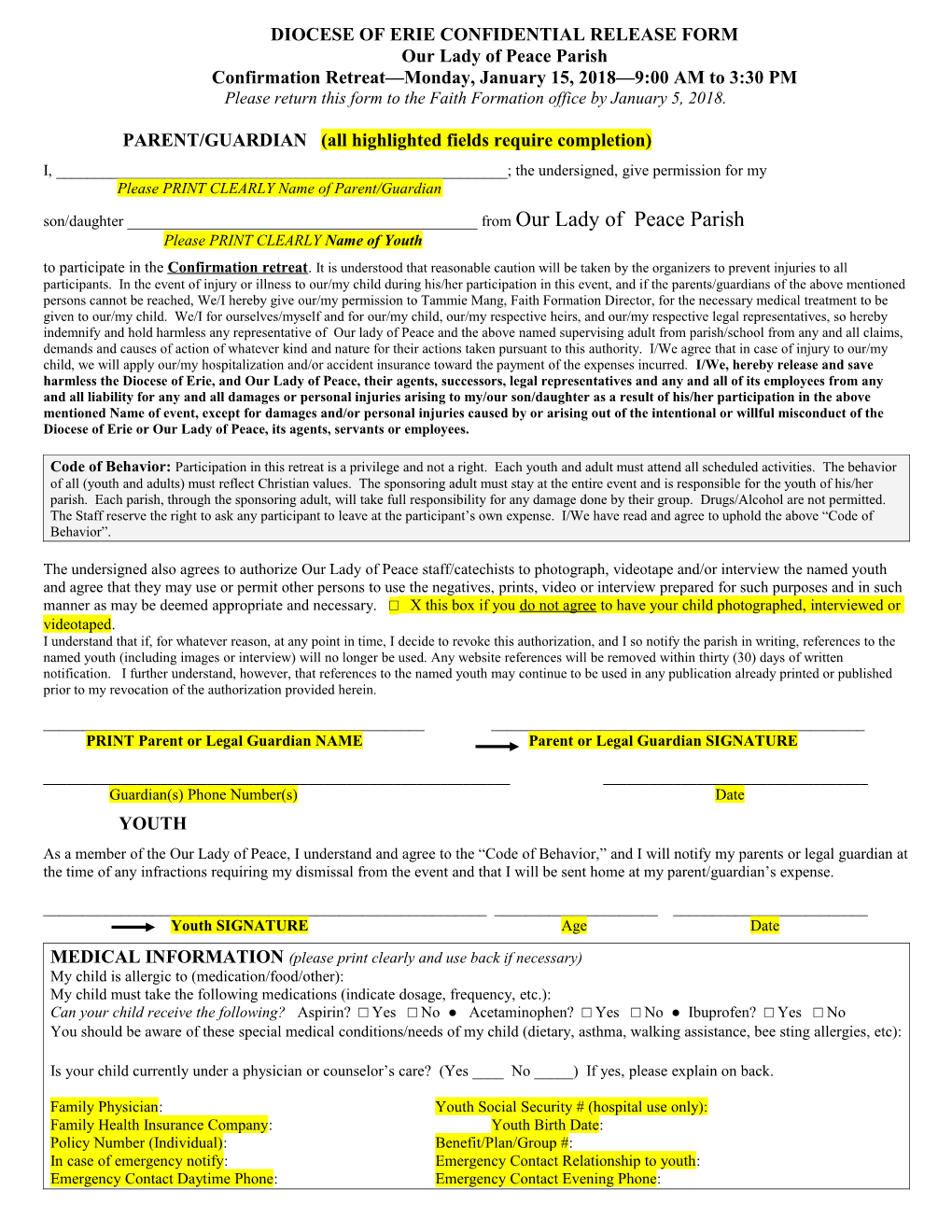 Diocese of Erie Youth Confidential Release Form