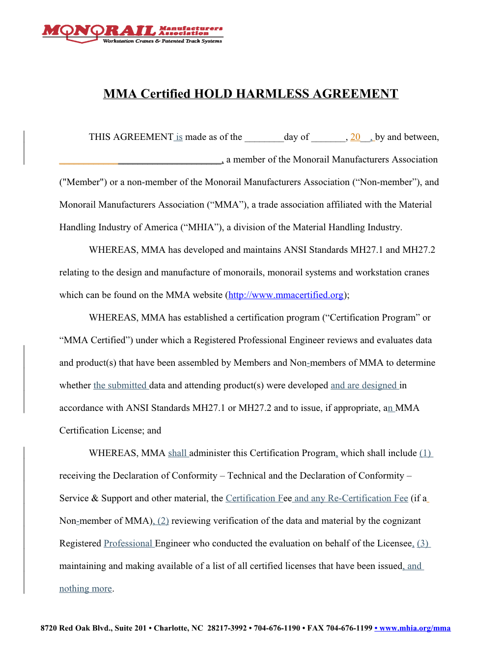 MMA Certified Hold Harmless Agreementpage 1 of 3