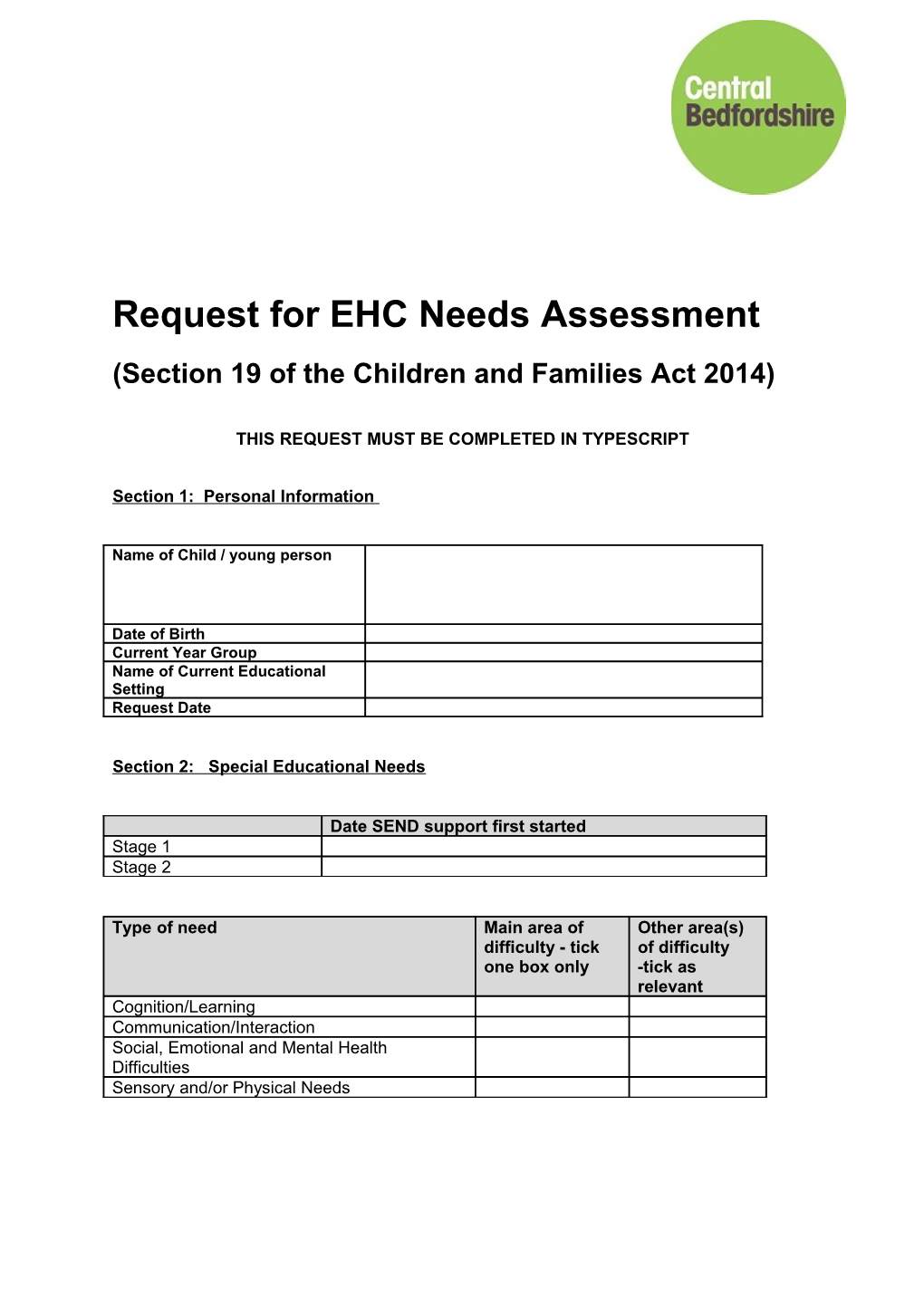 Request for EHC Needs Assessment