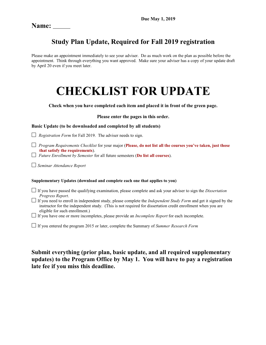 Study Plan Update, Required for Fall 2019 Registration