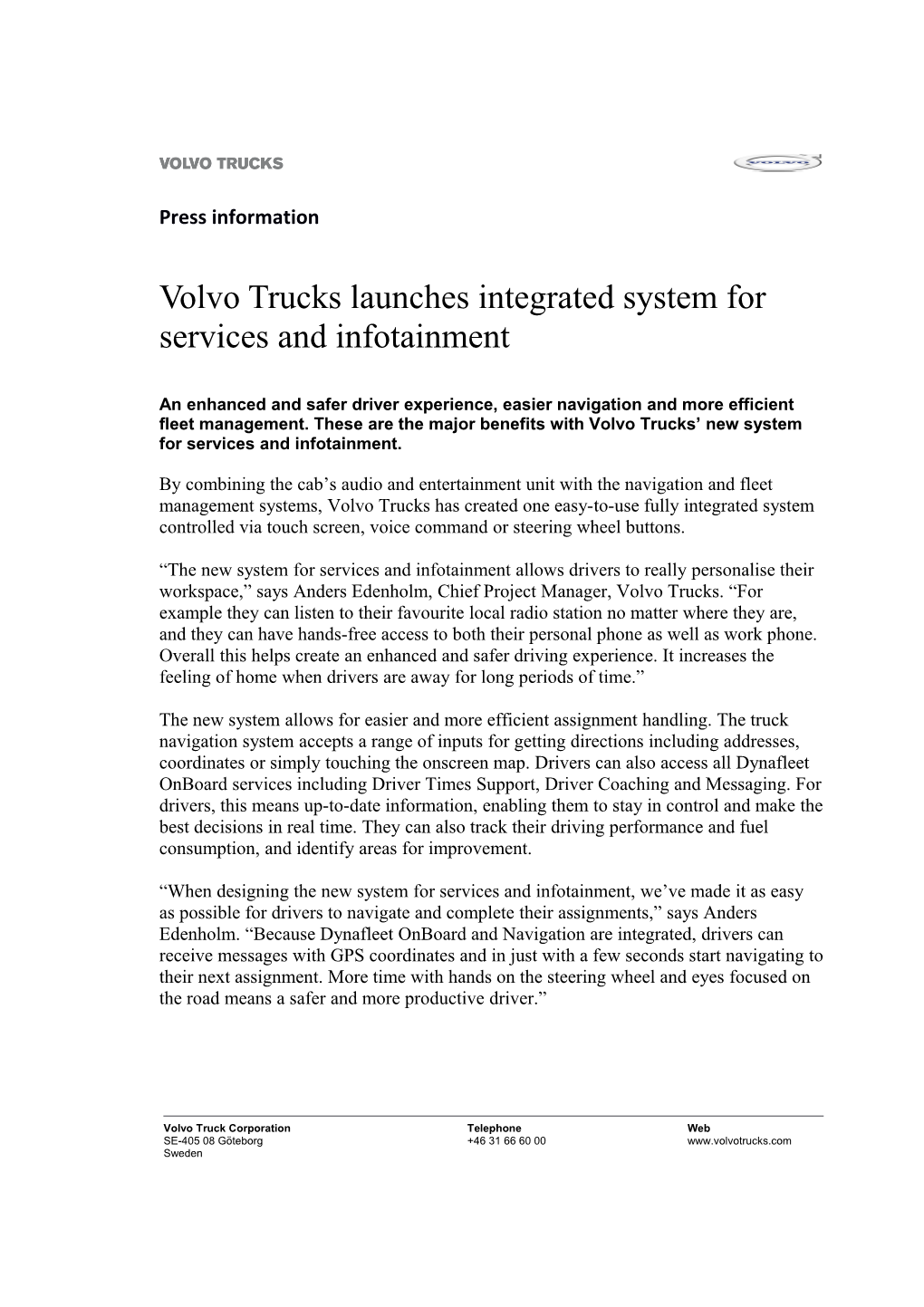 Volvo Trucks Launches Integrated System for Services and Infotainment