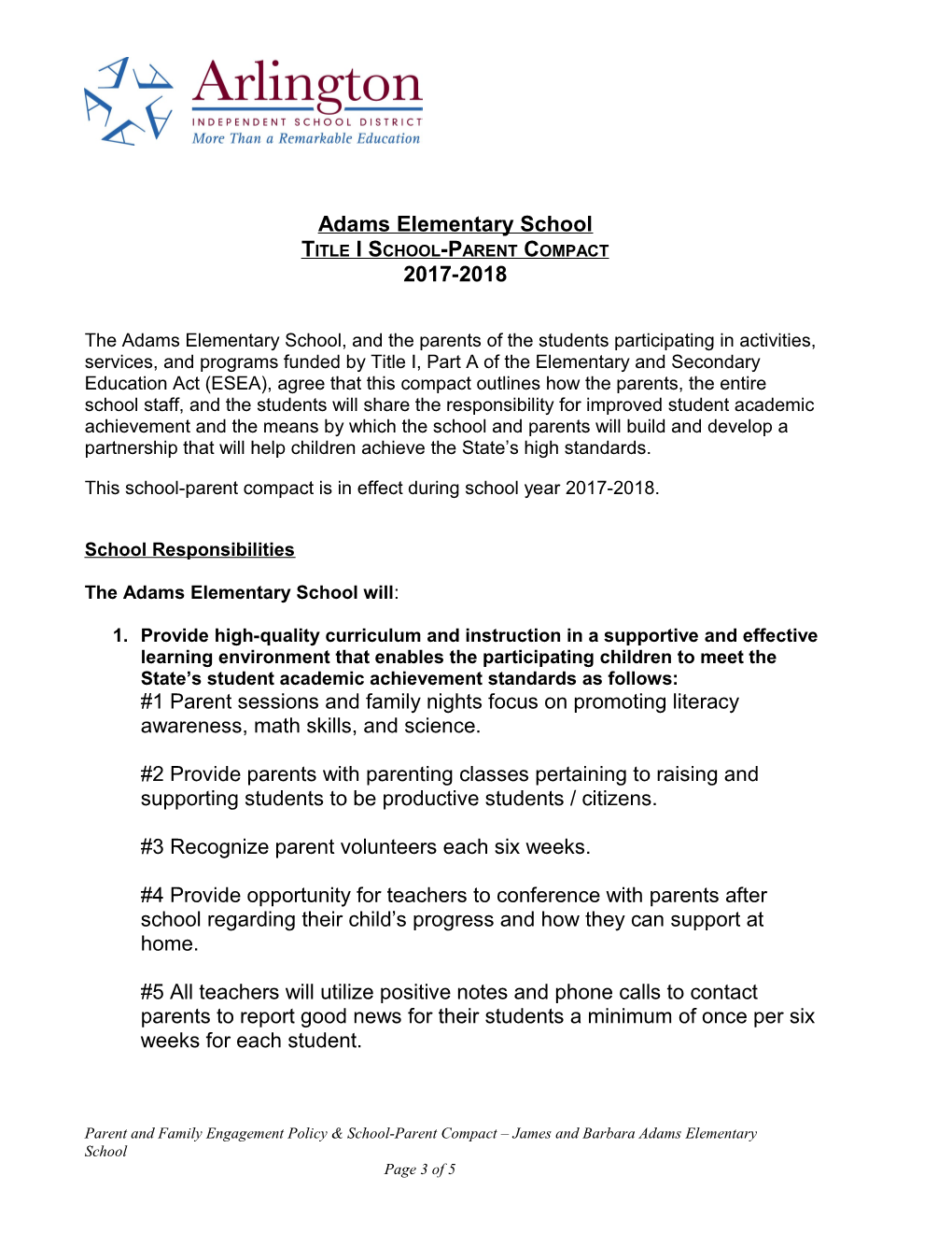 SAMPLE TEMPLATE* for Campus Level Parent Involvement Policy and School-Parent Compact