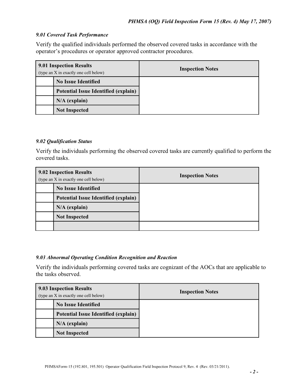 PHMSA Form 15 OQ Field Inspection Protocol Rev4