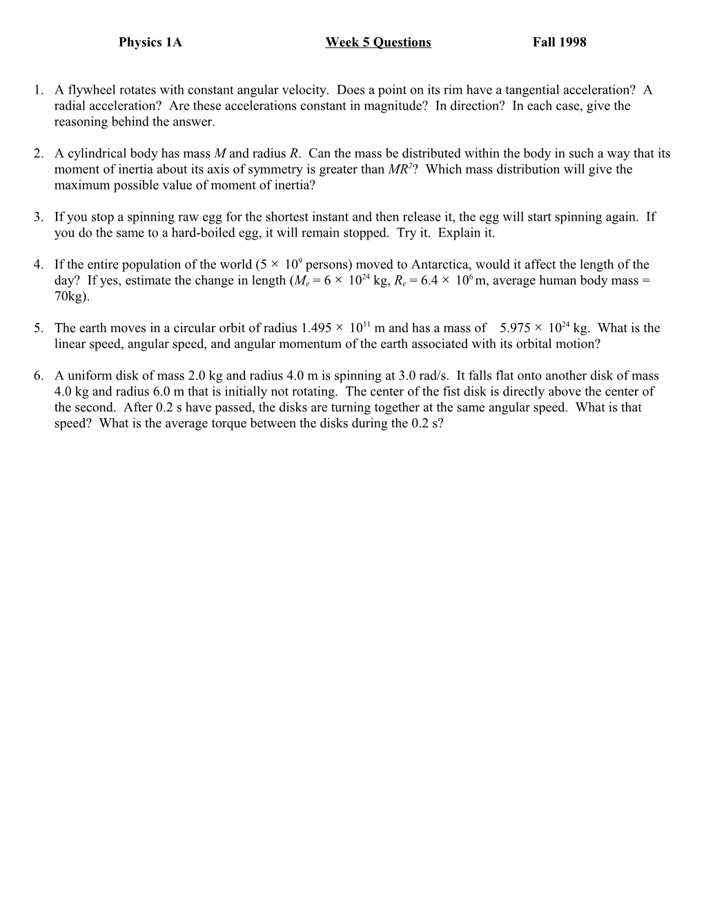 Physics 1Aweek 5 Questionsfall 1998