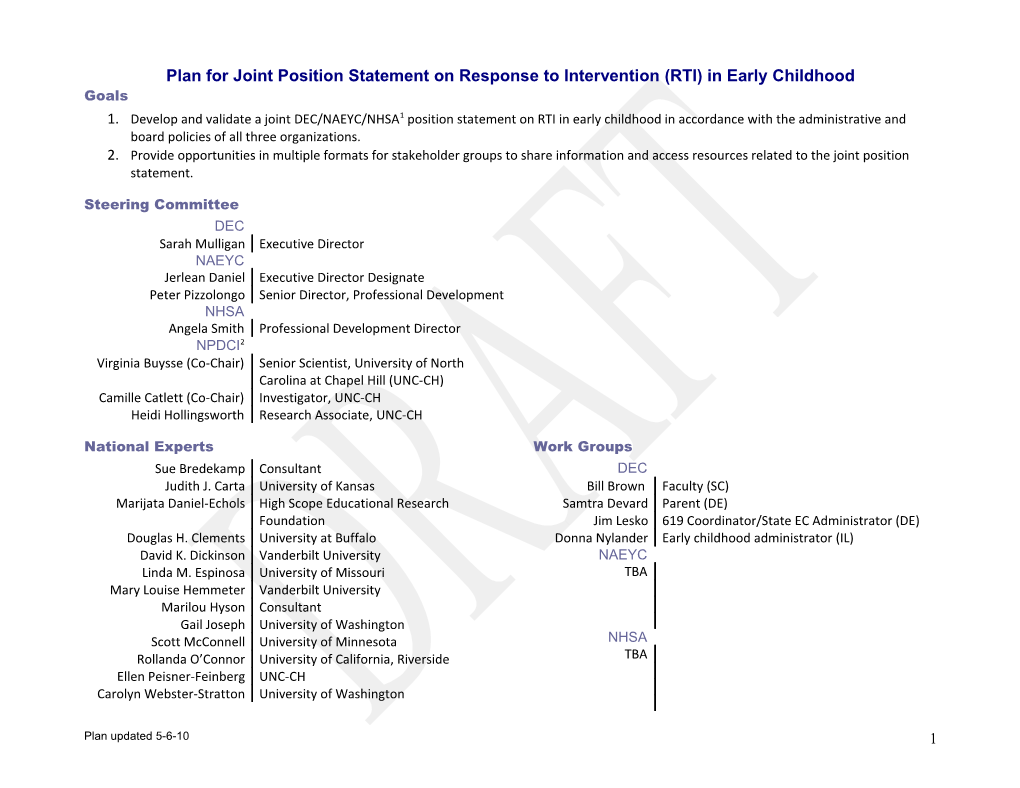 Plan for Joint Position Statement on Response to Intervention (RTI) in Early Childhood
