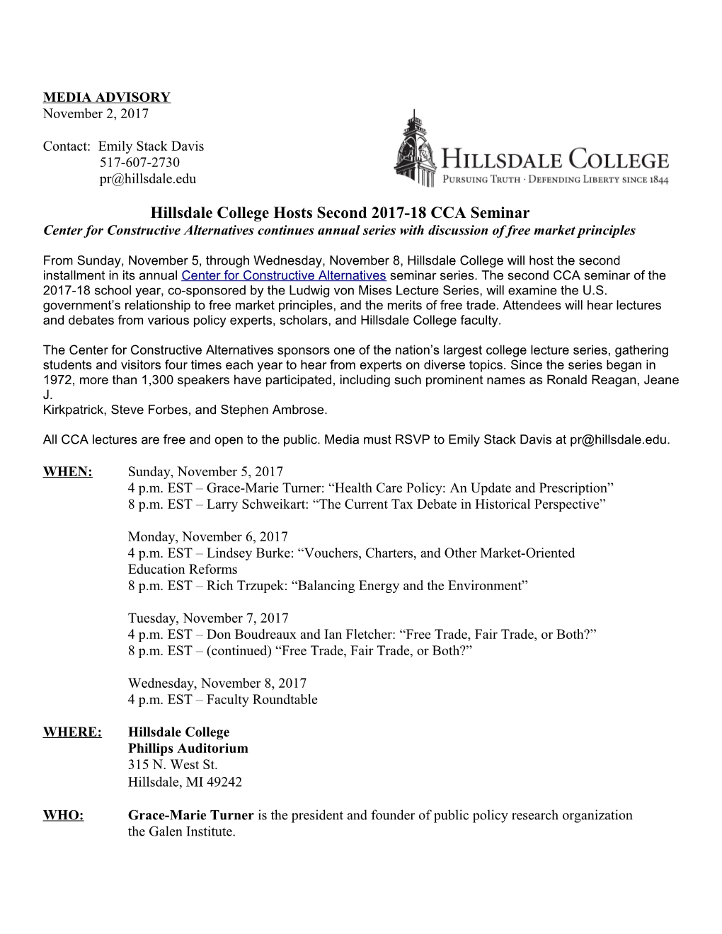 Hillsdale College Hosts Second 2017-18 CCA Seminar