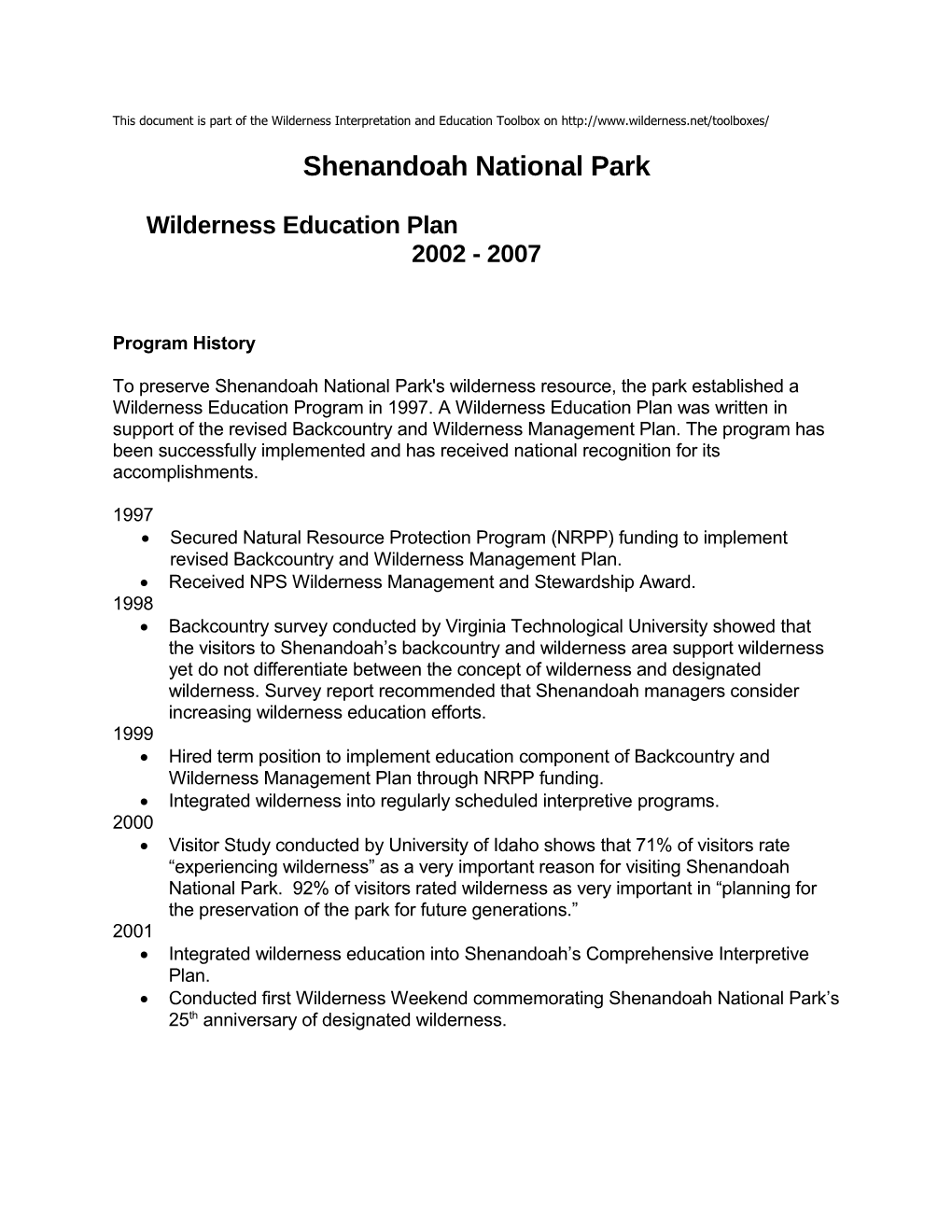 Shenandoah National Park Wilderness Education Plan 2002 - 2007