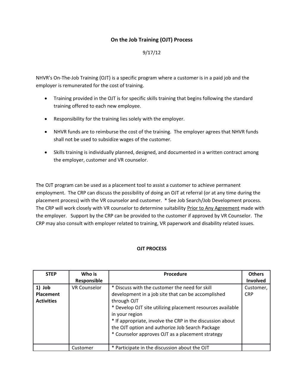 On the Job Training (OJT) Process