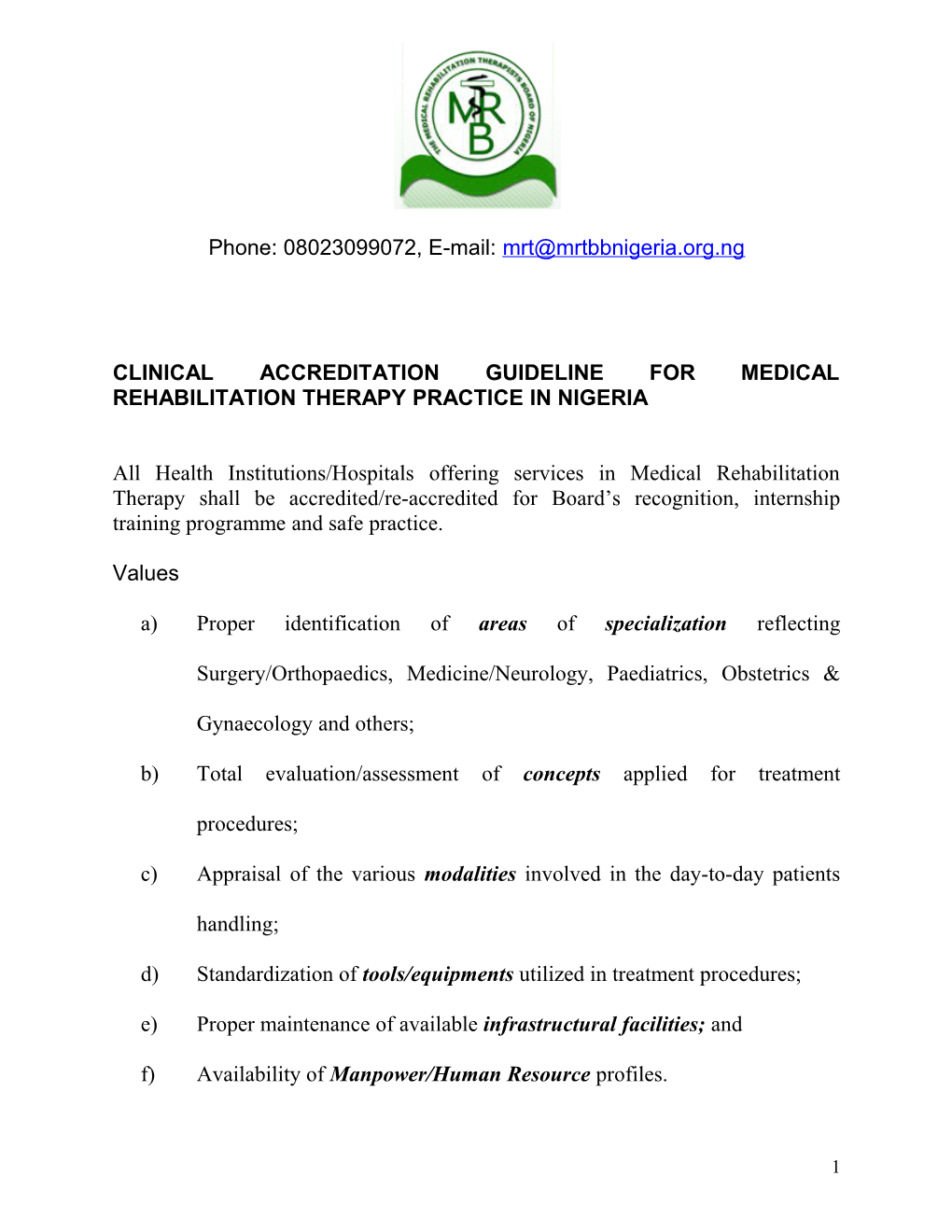 Clinical Accreditation Guideline for Medical Rehabilitation Therapy Practice in Nigeria