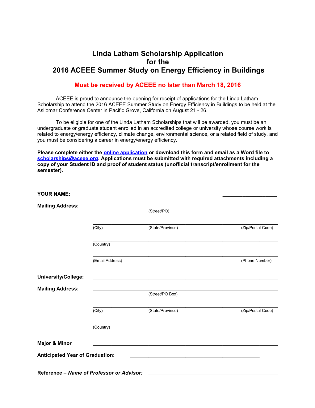 Linda Latham Scholarship Application