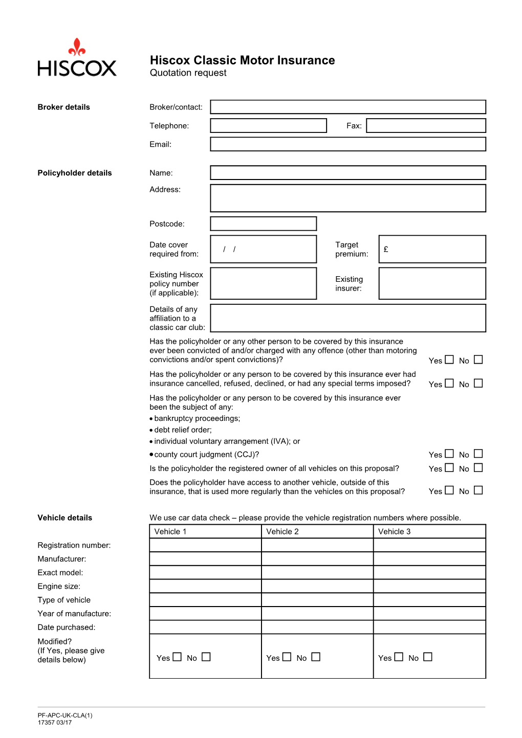 Classic Motor Insurance - Quotation Request Form