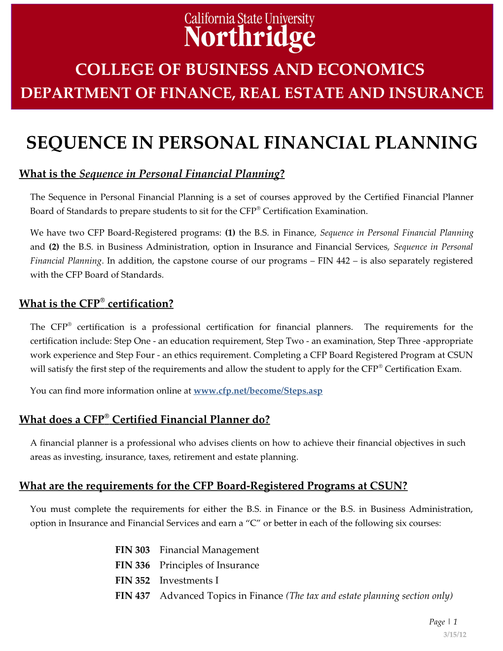 Sequence in Personal Financial Planning