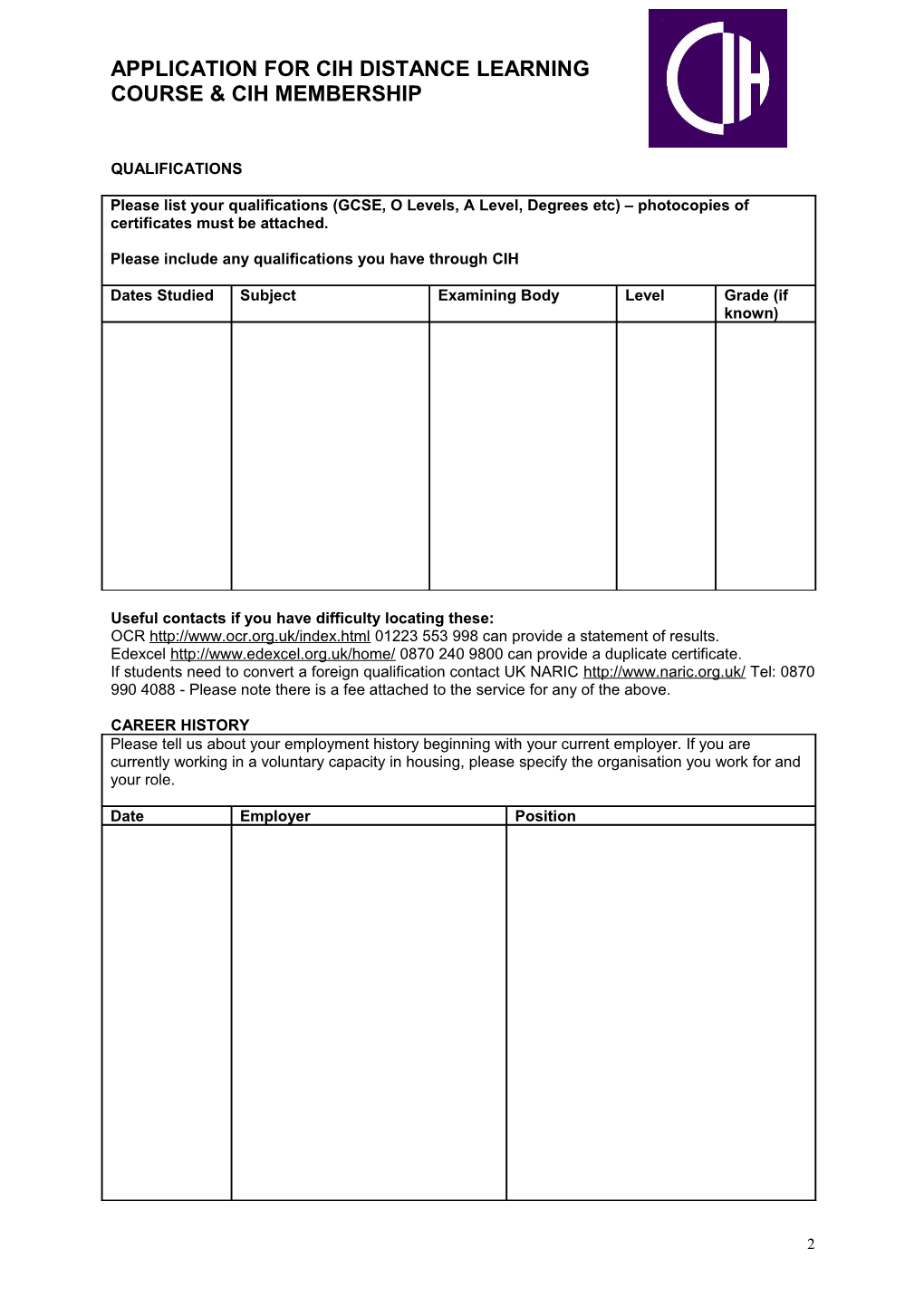 Section 6 CIH Application Form