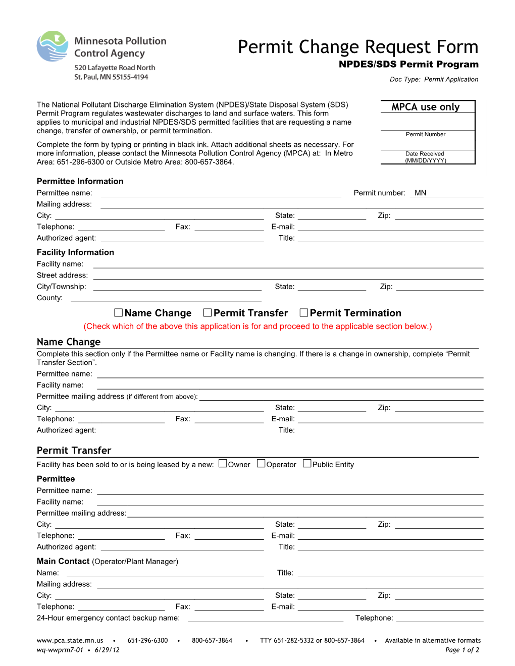 Permit Change Request Form - NPDES/SDS Permit Program