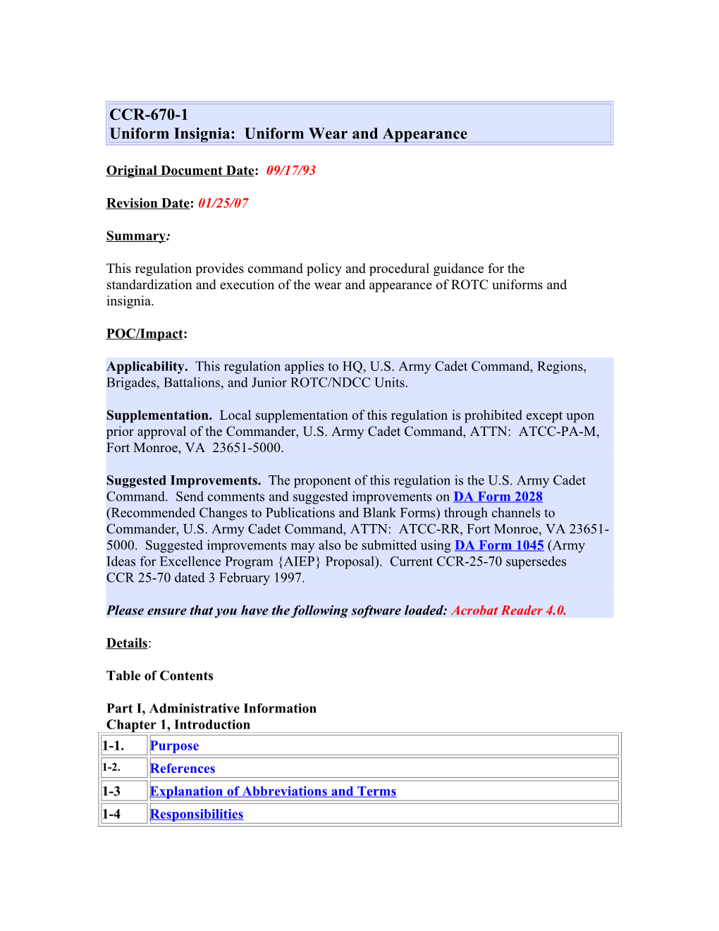 CCR-670-1 Uniform Insignia: Uniform Wear and Appearance