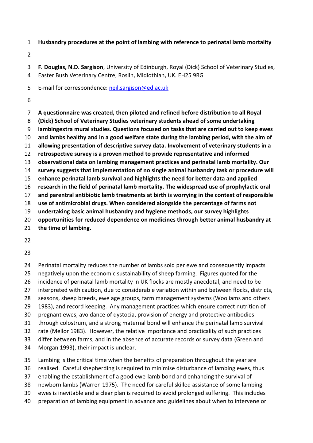 Husbandry Procedures at the Point of Lambing with Reference to Perinatal Lamb Mortality