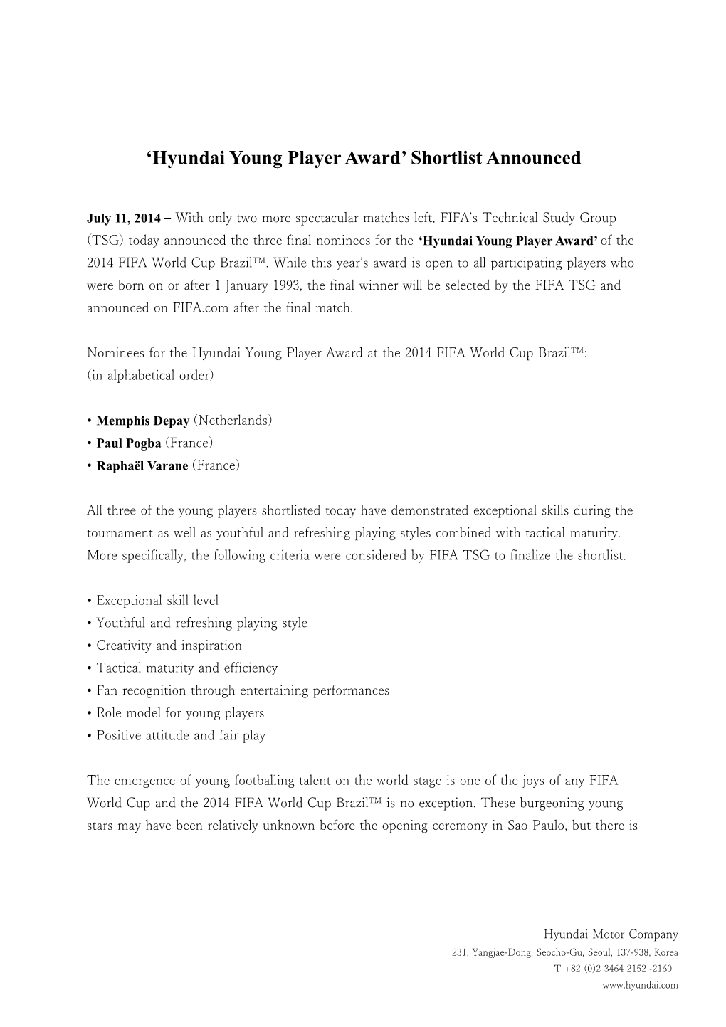 Hyundai Young Player Award Shortlist Announced