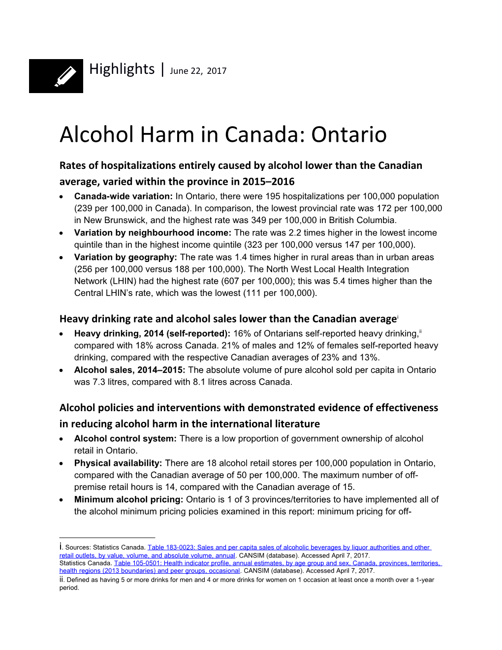 Alcohol Harm in Canada: Ontario