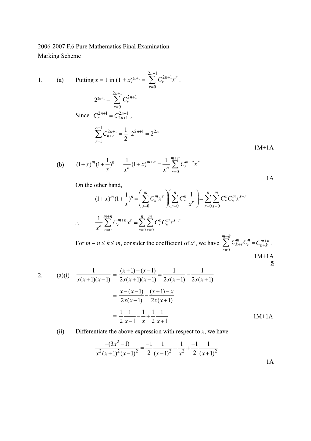 2006-2007 F.6 Pure Mathematics Final Examination