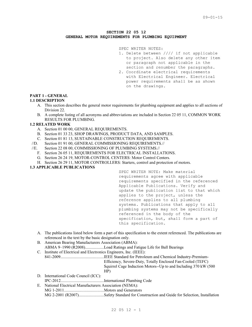 Section 22 05 12 - GENERAL MOTOR REQUIREMENTS for PLUMBING EQUIPMENT