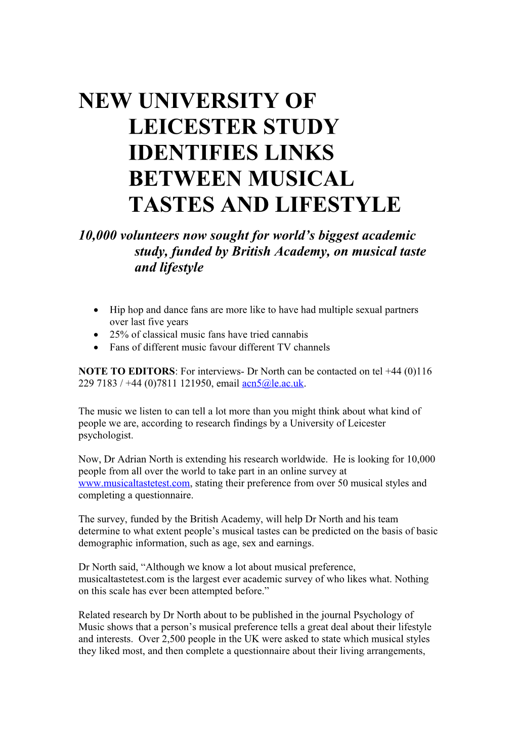 New University of Leicester Study Identifies Links Between Musical Tastes and Lifestyle