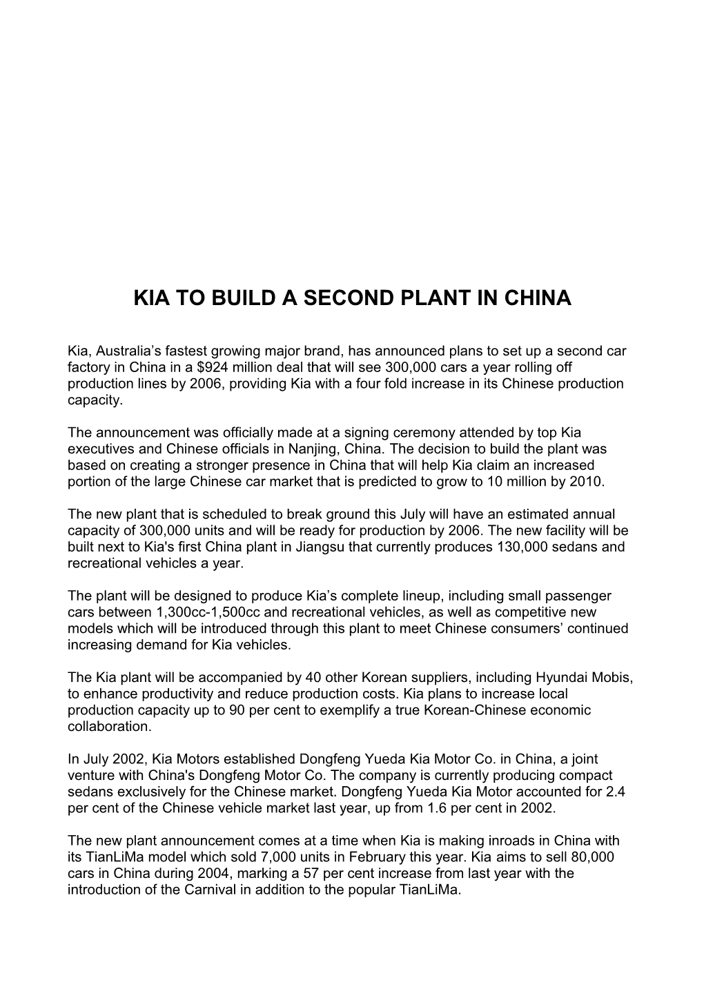 Kia to Build a Second Plant in China