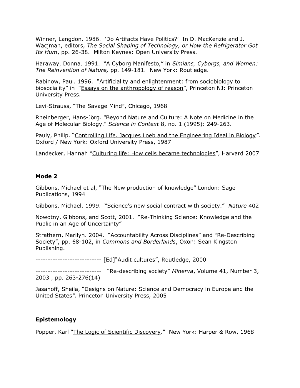 Bibliography for Anthropology of Science
