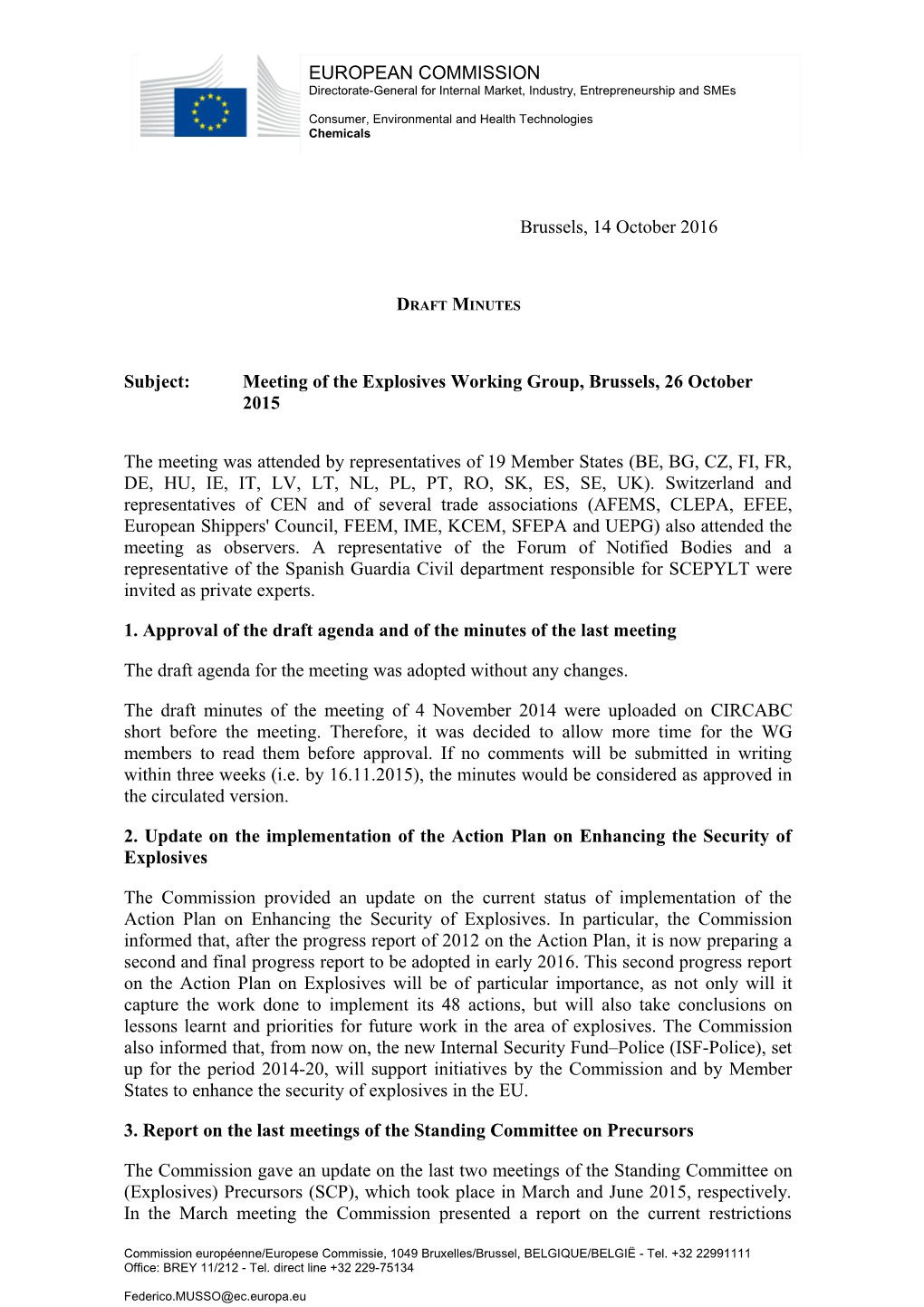 Subject:Meeting of the Explosives Working Group, Brussels, 26 October 2015