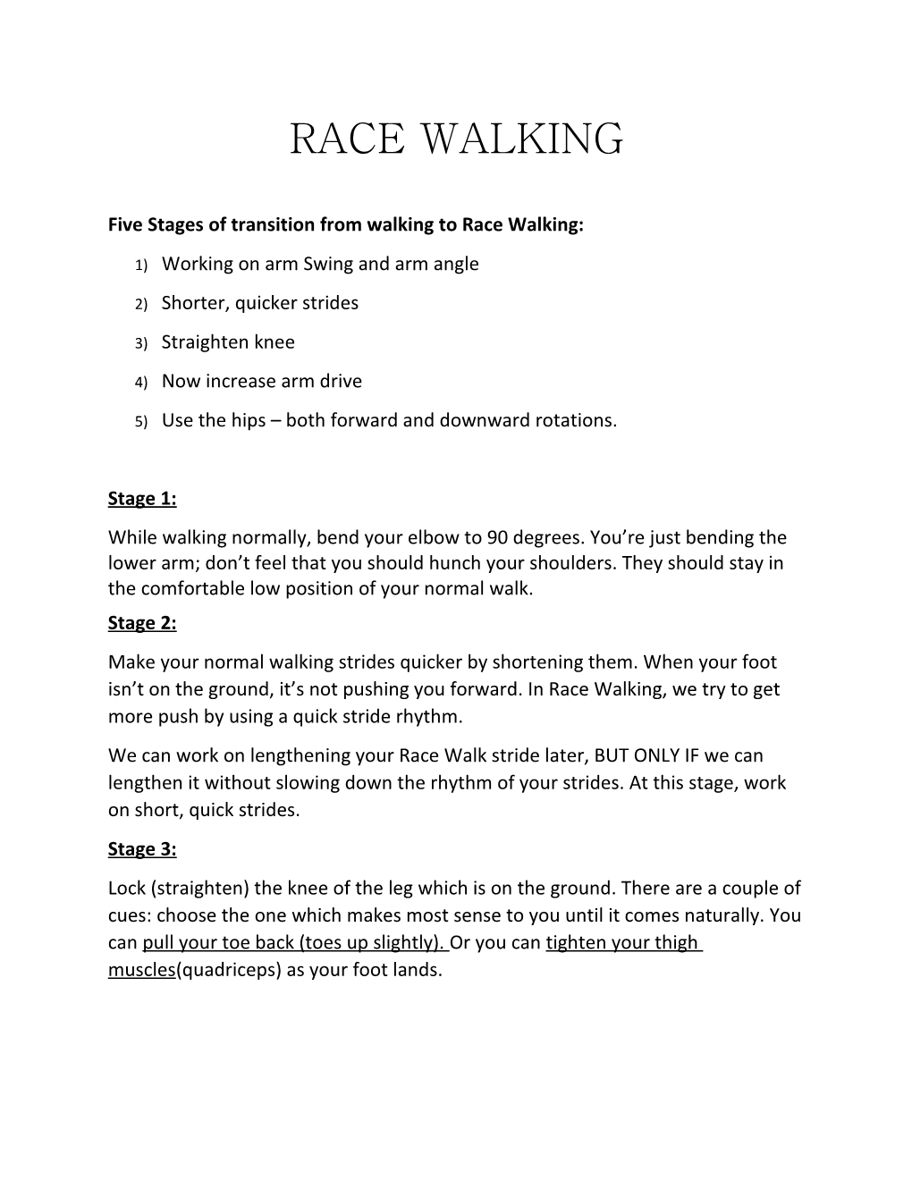 Five Stages of Transition from Walking to Race Walking