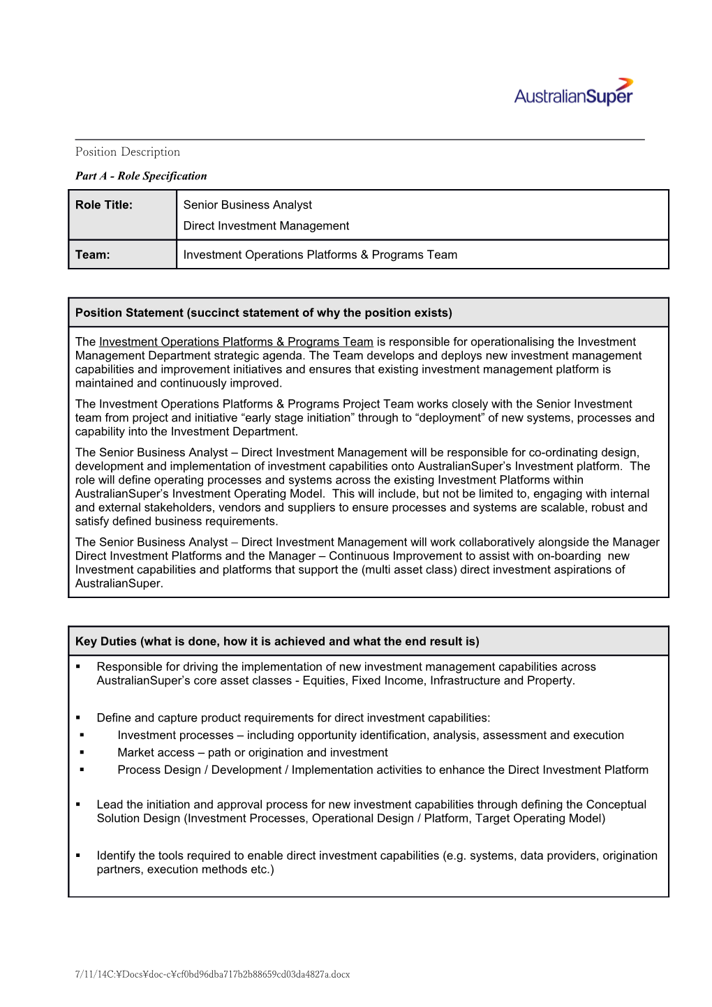 Part a - Role Specification