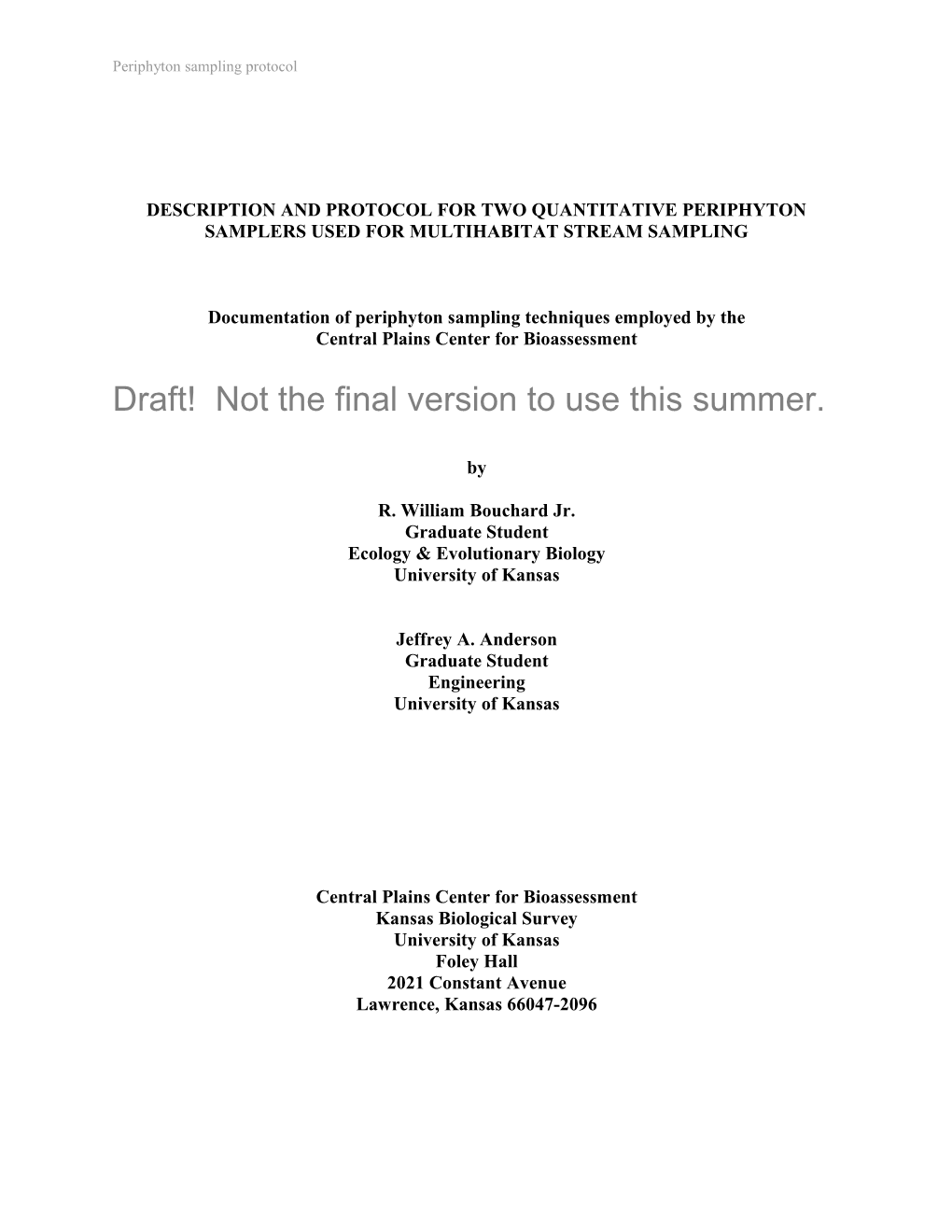 Description and Protocol of Periphyton Samplers Used by the Central Plains Center For