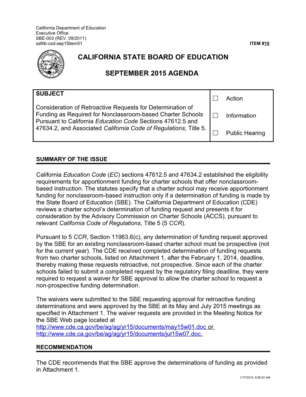 September 2015 Agenda Item 10 - Meeting Agendas (CA State Board of Education)