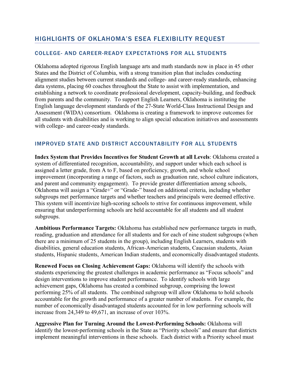 Oklahoma Highlights of ESEA Flexibility Request 7.12.12