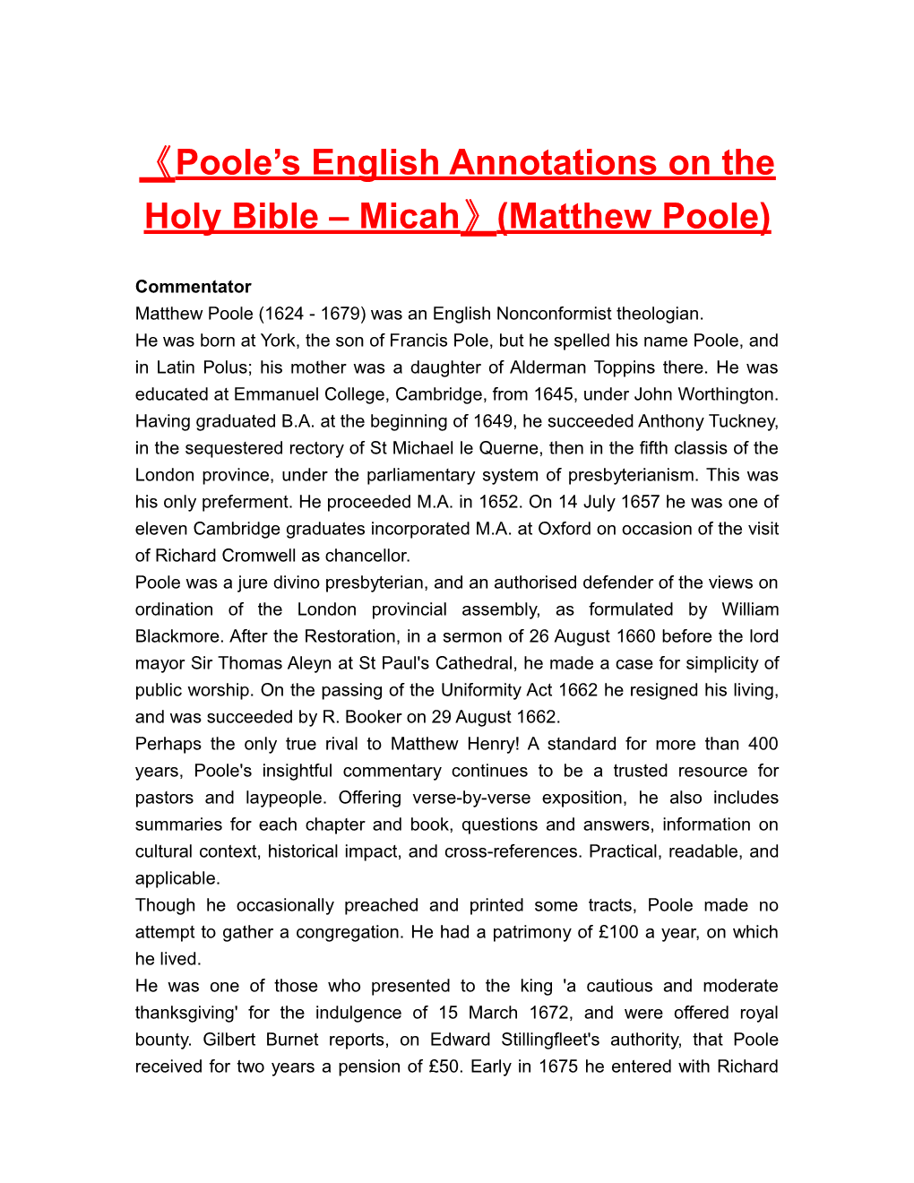 Poole S English Annotations on the Holy Bible Micah (Matthew Poole)