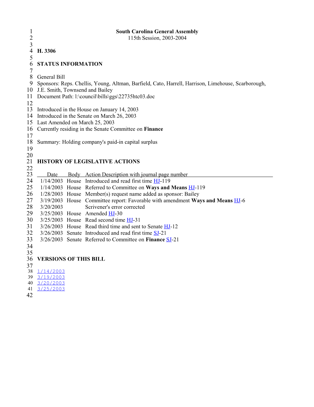 2003-2004 Bill 3306: Holding Company's Paid-In Capital Surplus - South Carolina Legislature